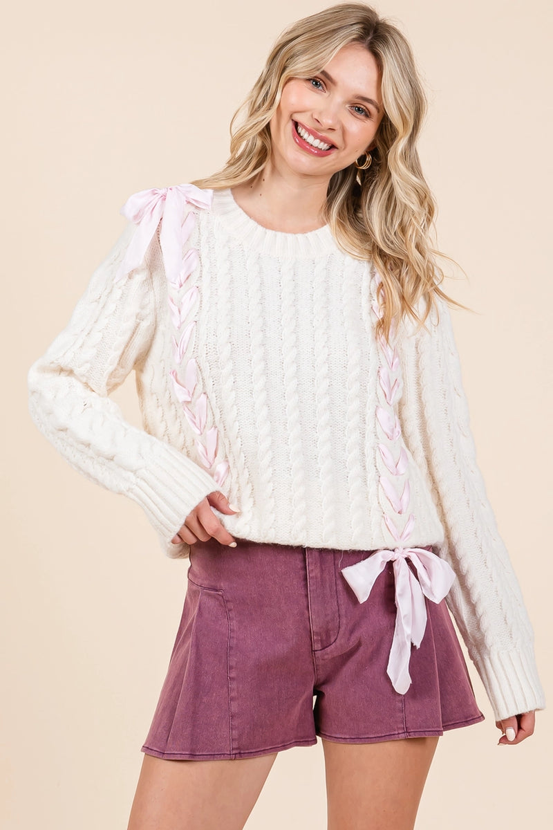 Priscilla Ribbon Threaded Cable Knit Sweater