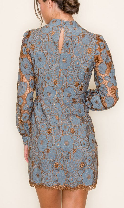 Rose Embroidered Neck Band Long Sleeve Mini Dress