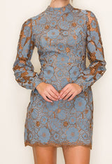 Rose Embroidered Neck Band Long Sleeve Mini Dress