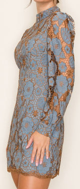 Rose Embroidered Neck Band Long Sleeve Mini Dress