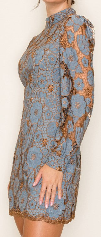 Rose Embroidered Neck Band Long Sleeve Mini Dress