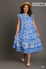 Boarder Print Midi Dress w/ Ruffle Sleeves
