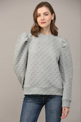 Nora Houndstooth Pattern Puff Sleeve Sweatshirt